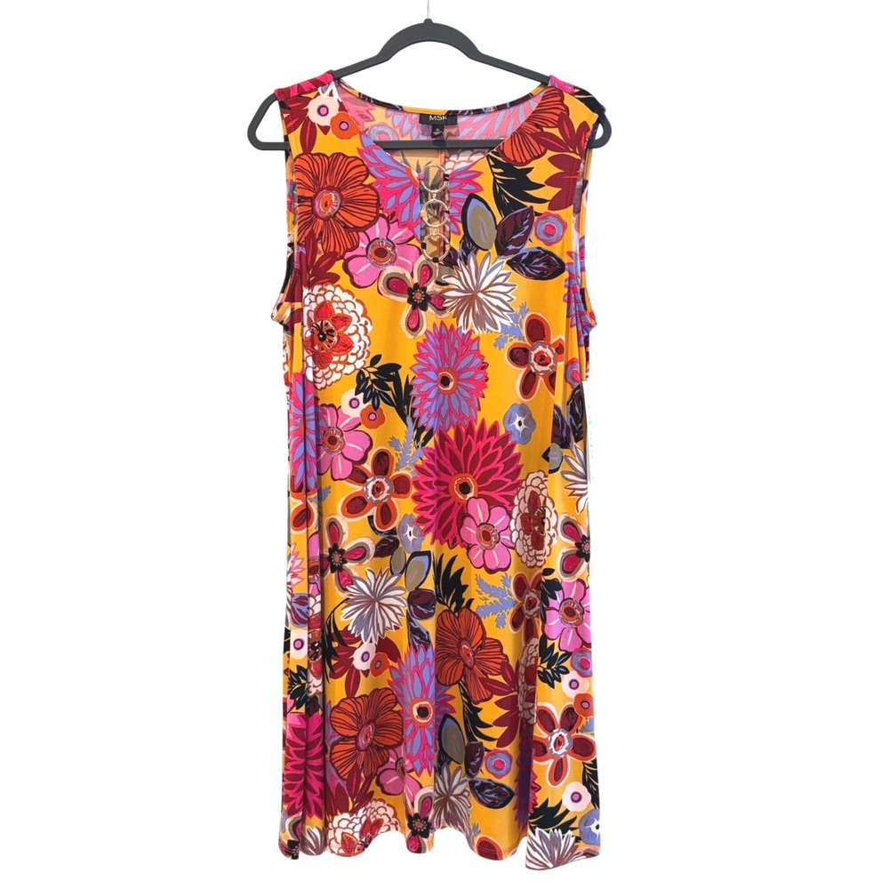 MSK Retro Floral Shift Dress Yellow O-Ring Keyhole Sleeveless Women XL